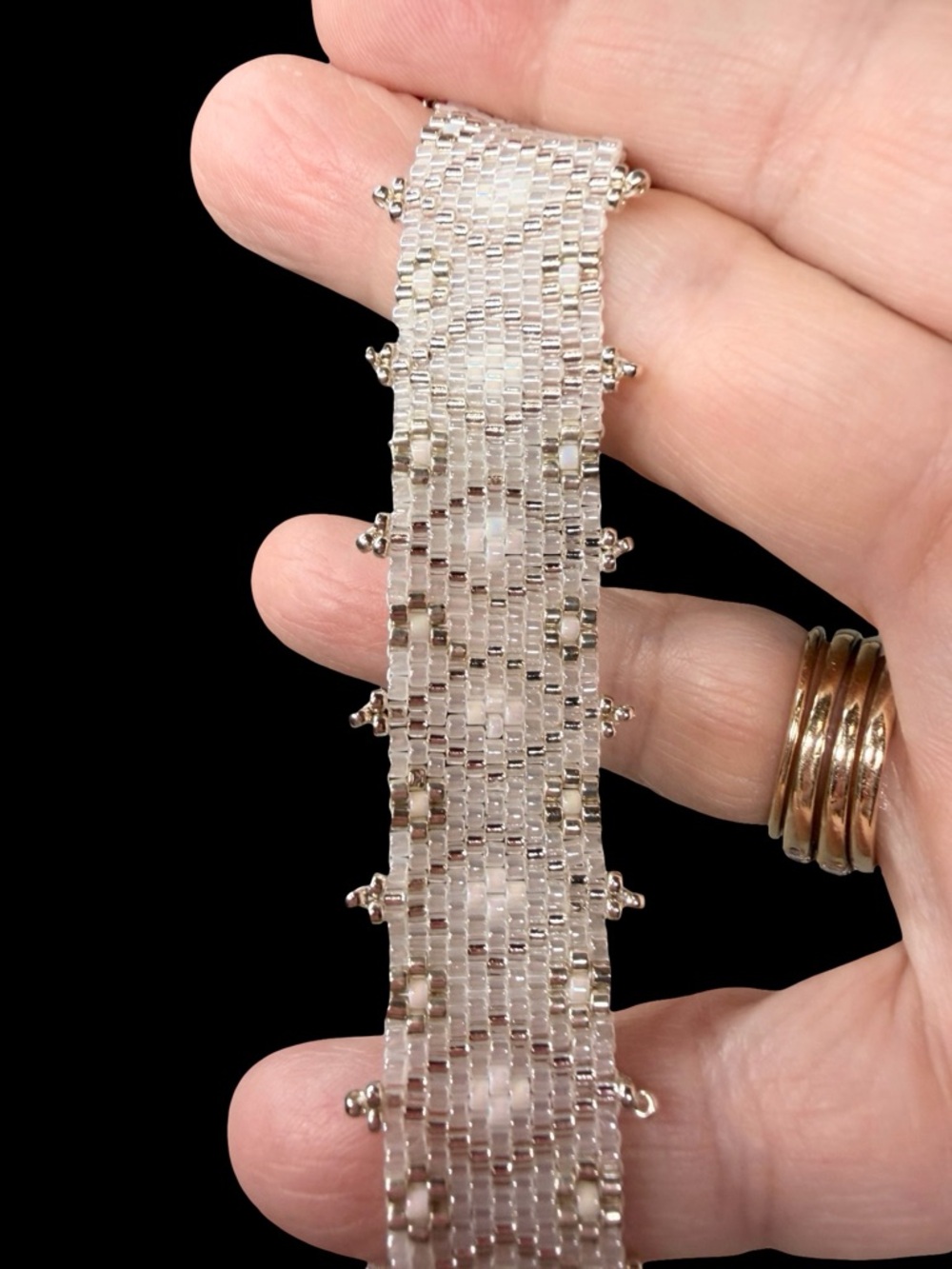 Woven Cream Silver Seed Bead Cuff Bracelet – Bridal Jewelry, Rhodium Clasp - Picture 9 of 11
